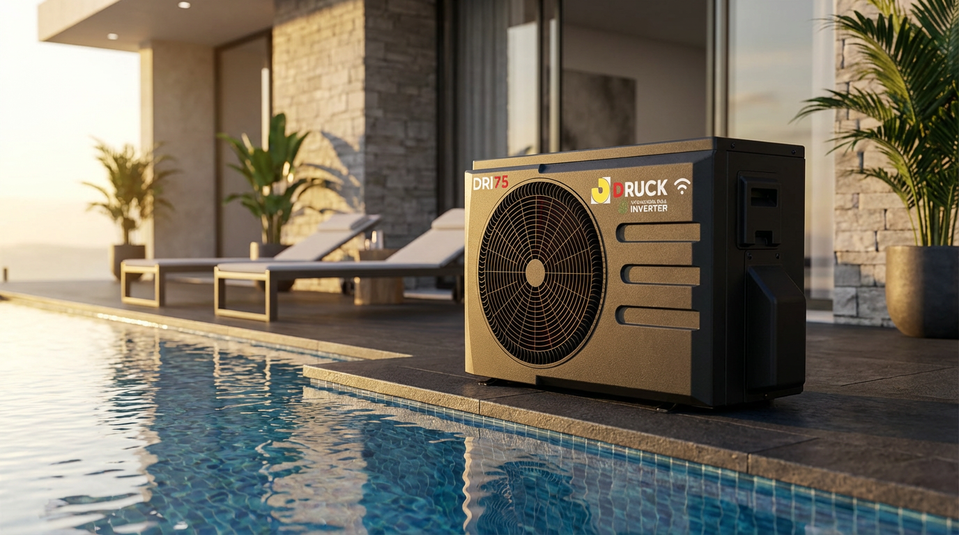 Bomba de calor DRUCK instalada ao lado de uma piscina residencial
