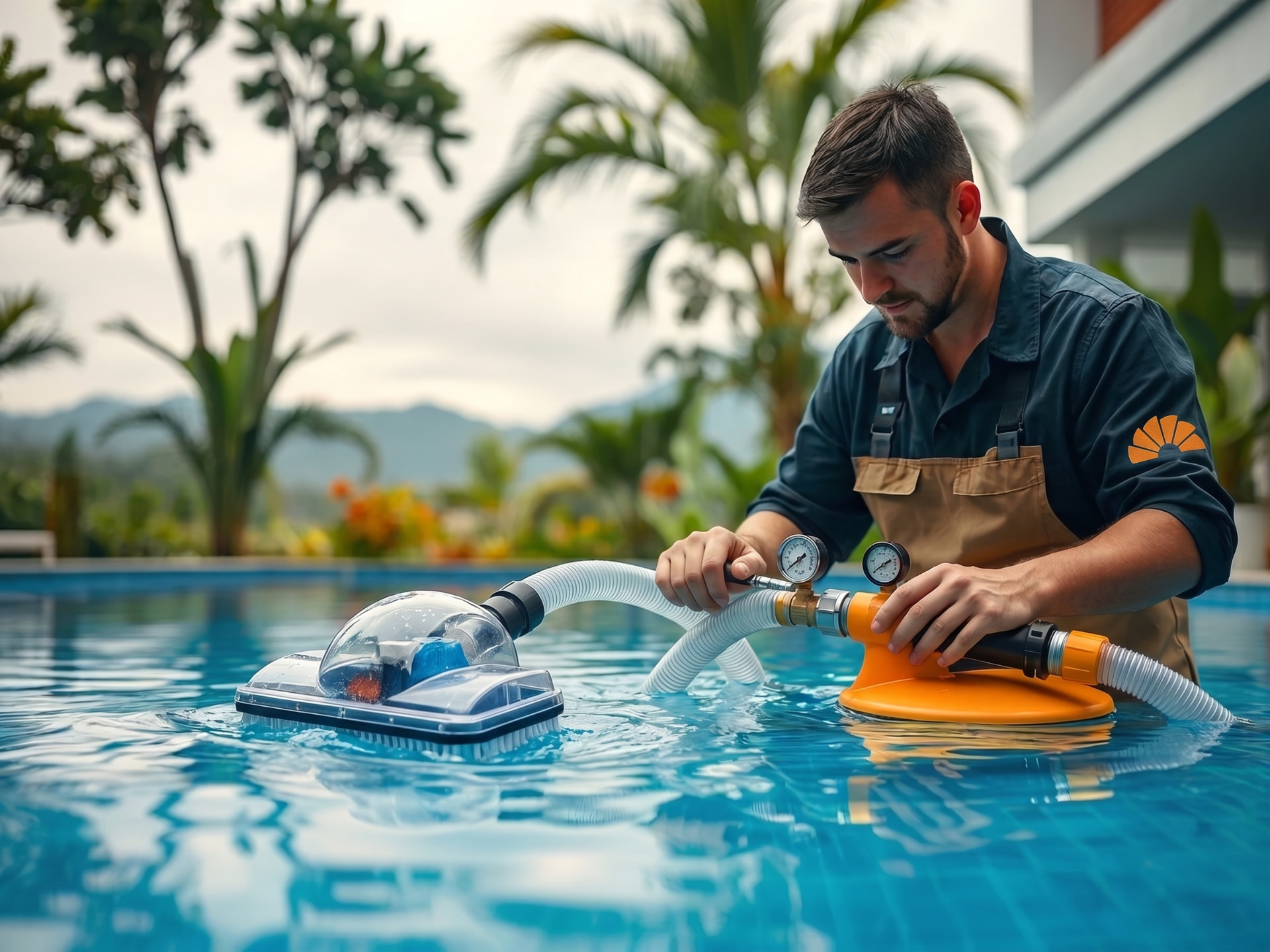 Profissional realizando a manutenção de uma piscina